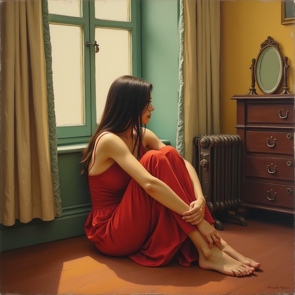 A Woman Contemplating in a Cozy Bedroom Scene