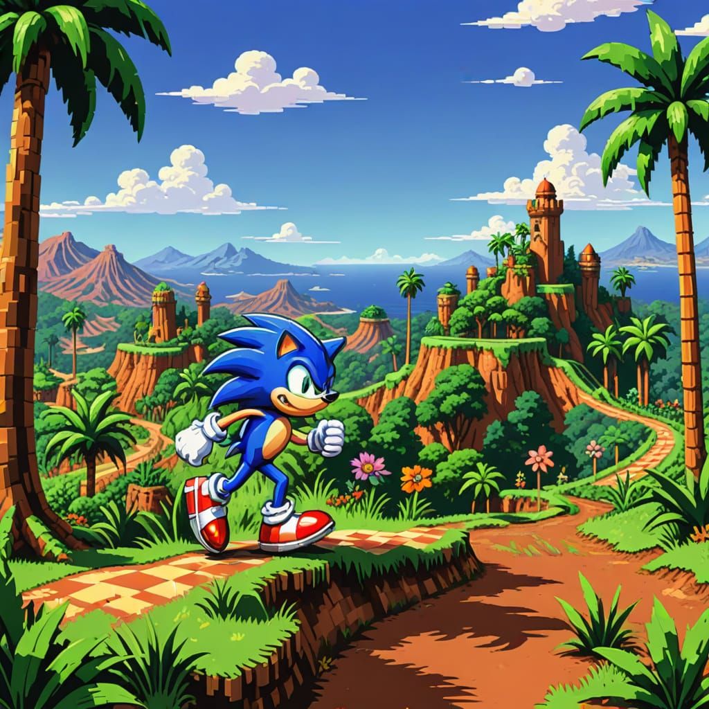 Sonic Runs Through Green Hill Zone in Pixel Art