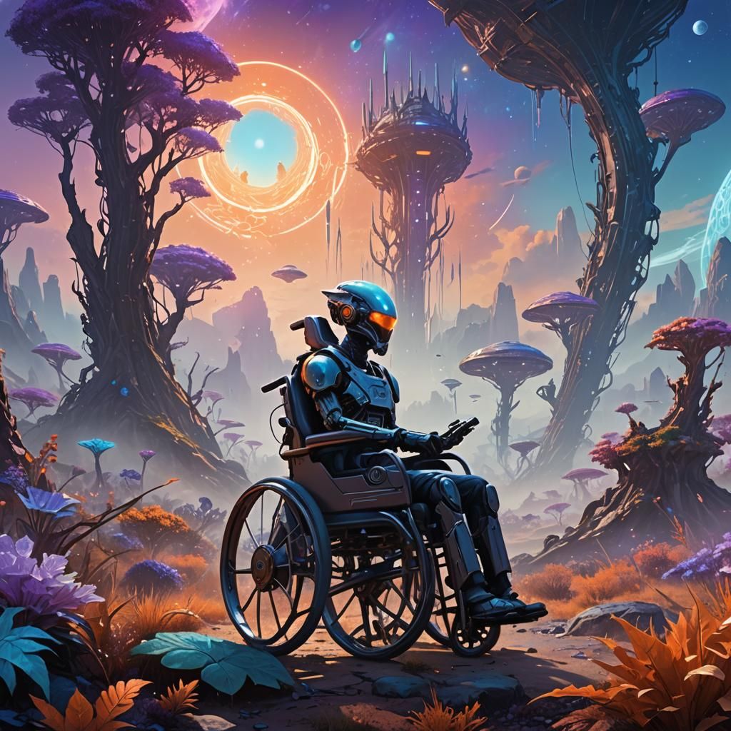 Cybernetic Wheelchair Concept Art in Alien Wilderness