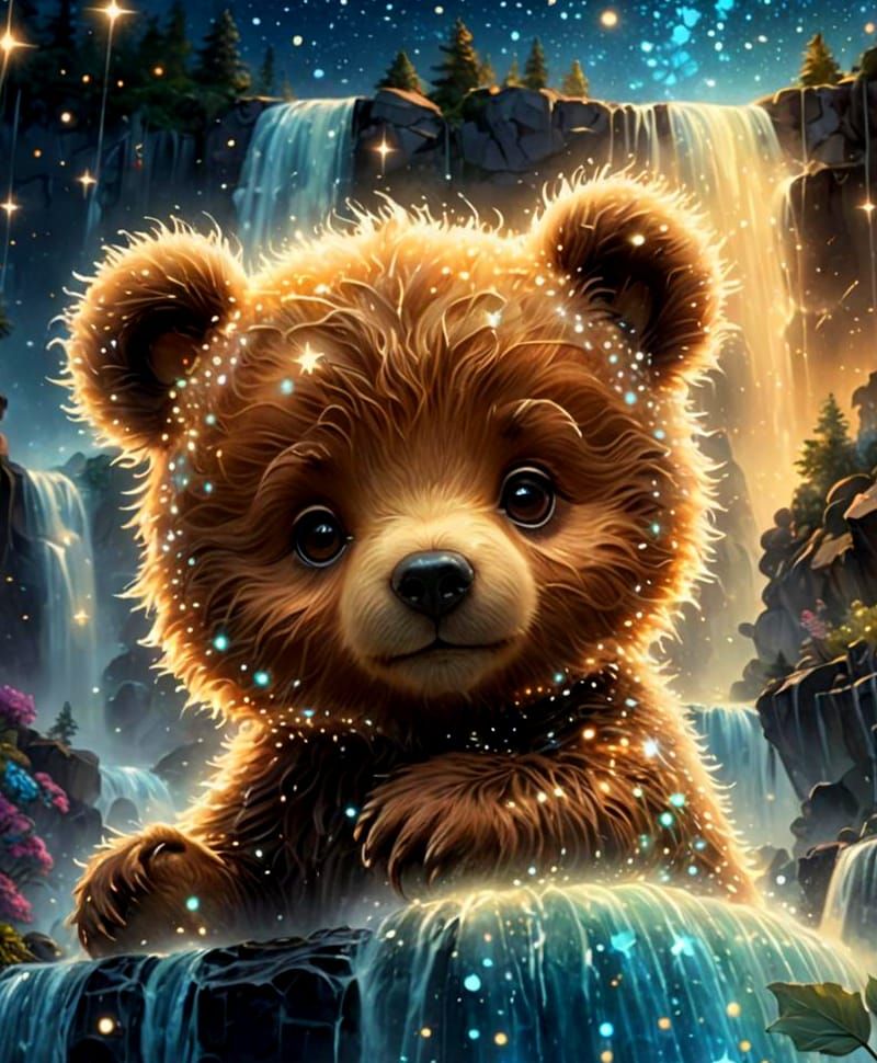 Whimsical Bear Constellation on Ethereal Waterfall in Dreamy...