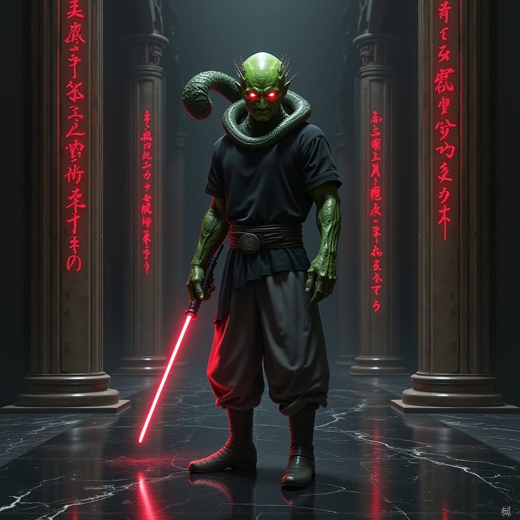 Green Humanoid with Tentacle and Lightsaber in Hyperrealism