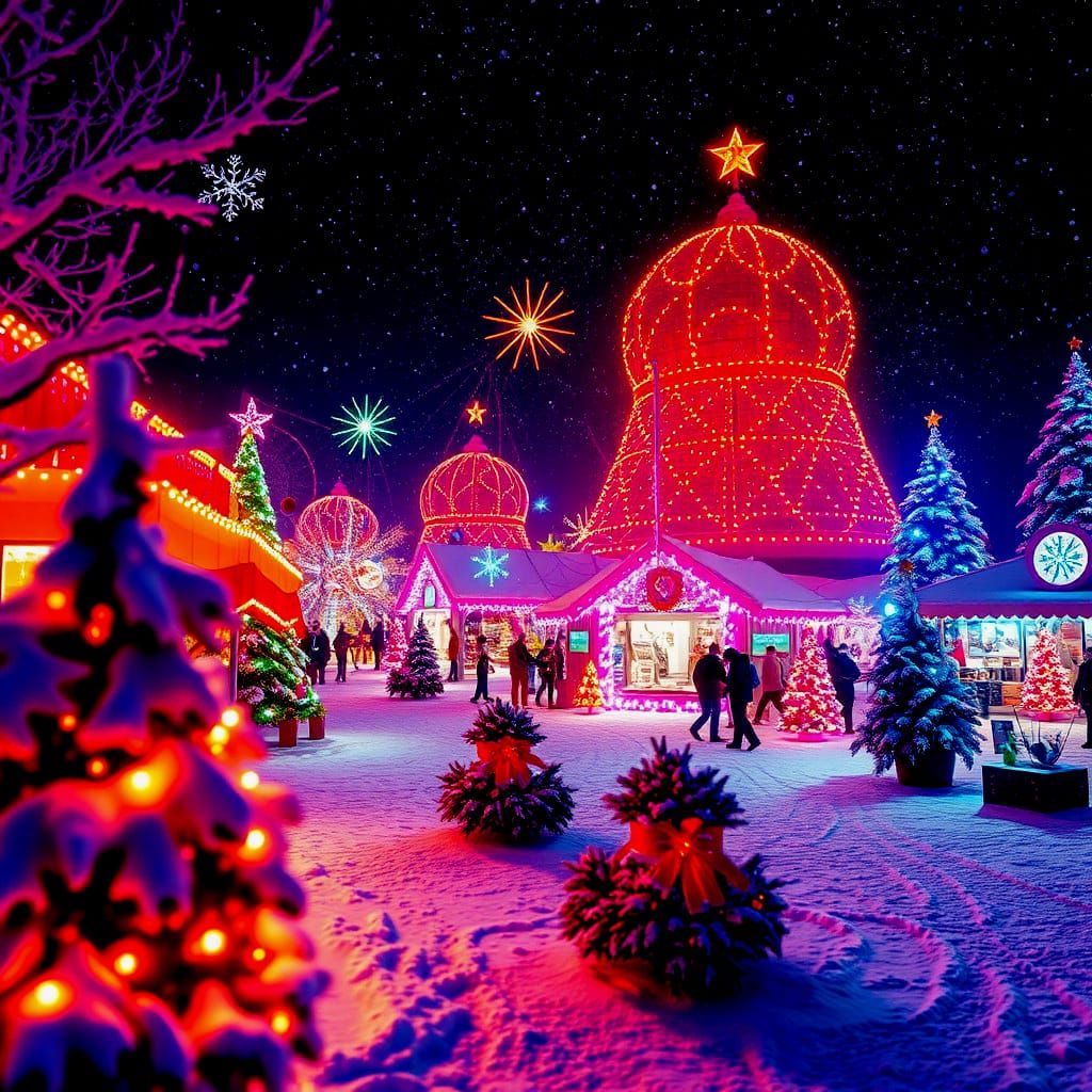 Vibrant Neon Christmas Festival in Snowy Landscape