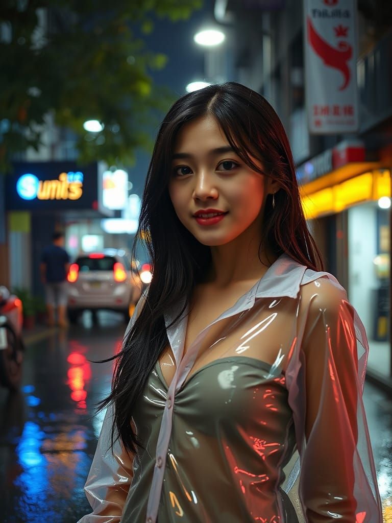 Rainy Night Street Scene with Indonesian Woman