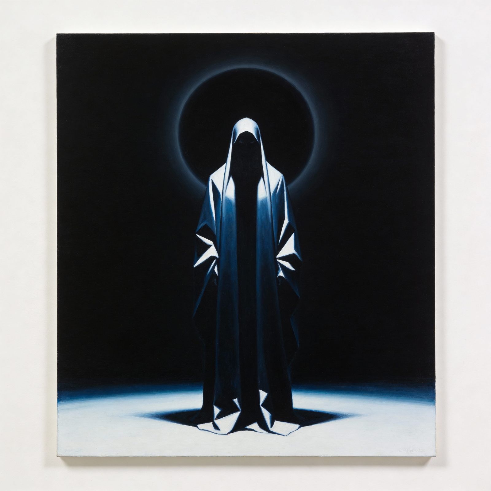 Mysterious Figure with Black Halo in High Contrast