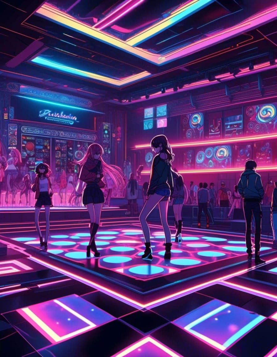 Interior picture of an Anime themed active disco club dance floor, neon, spotlights, multicolored dancers, 8Kresolution ...