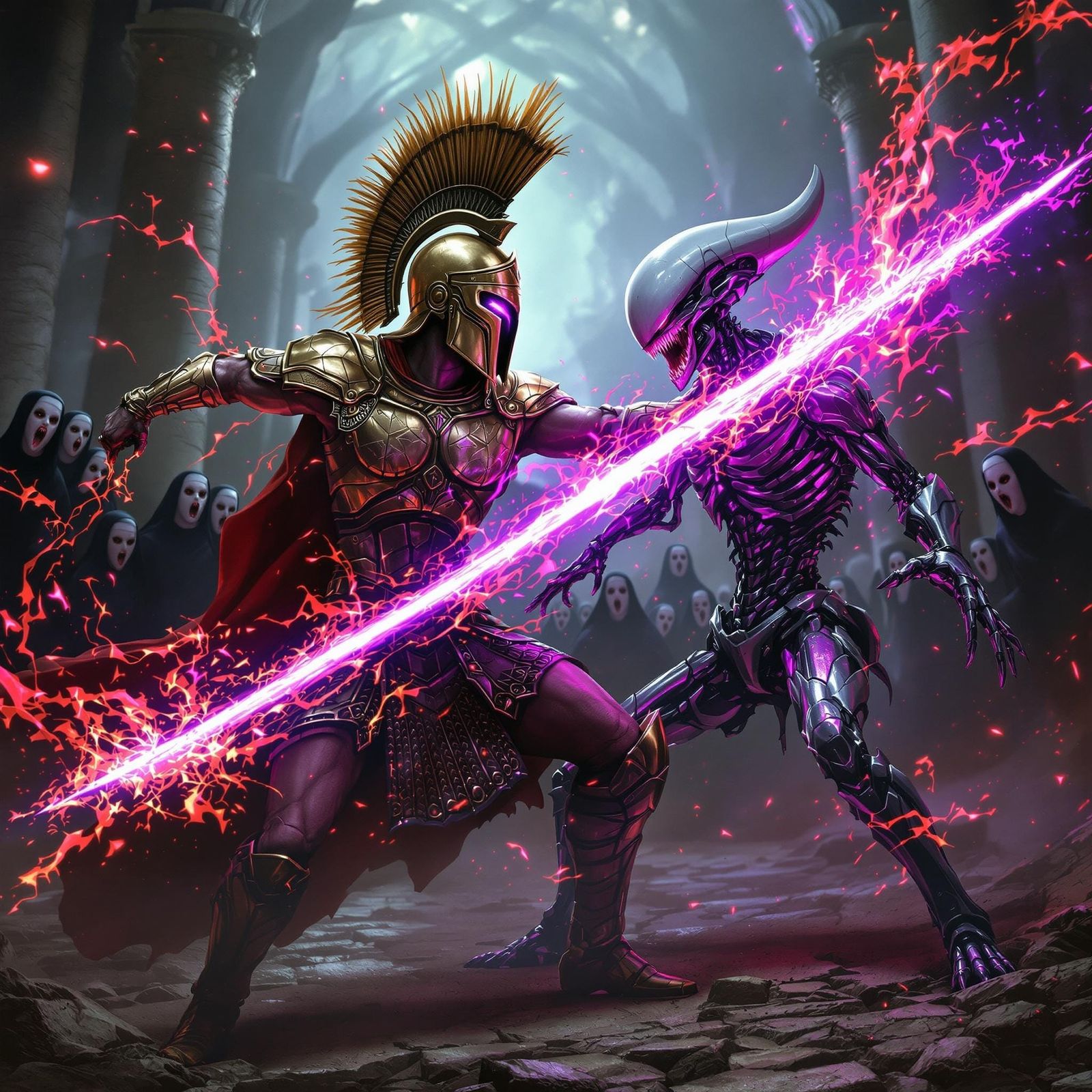 Spartan King vs Alien Warrior in Surreal Battle