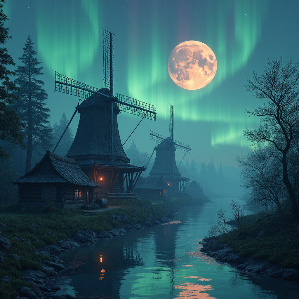 Mystical Village Under Aurora with Blood Moon