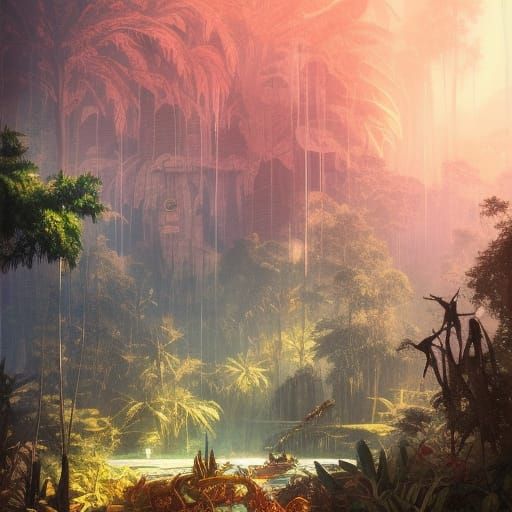 Hyperdetailed Jungle Temple Utopia in Golden Hour