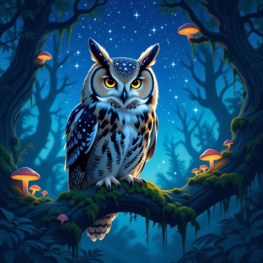 Starry Night Owl in Bioluminescent Forest