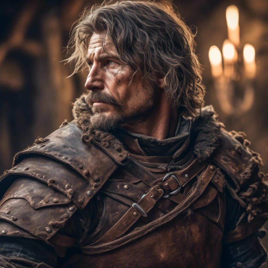 Hyperreal Mercenary Portrait in Medieval Inn