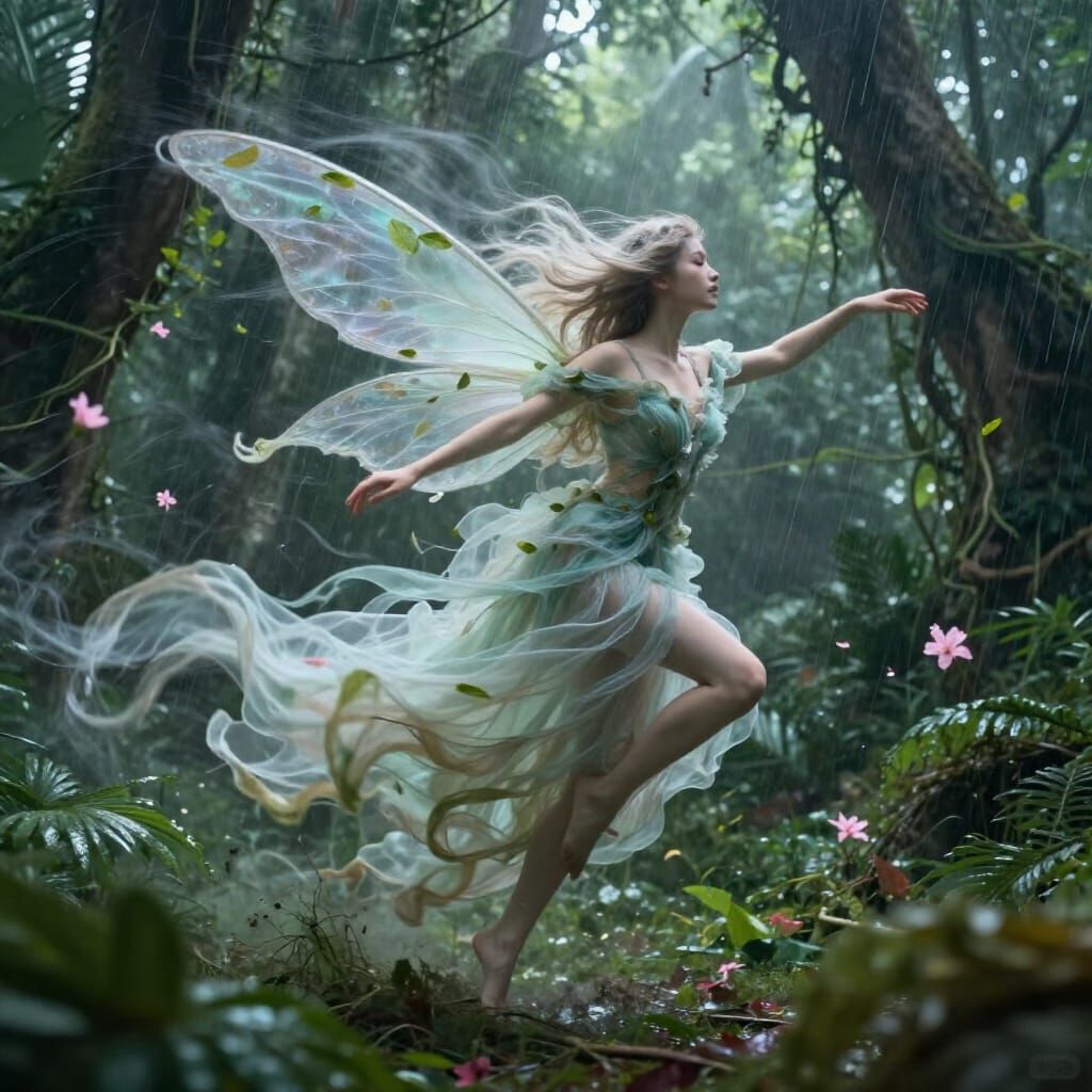 Ethereal Wind Fairy in Stormy Rainforest