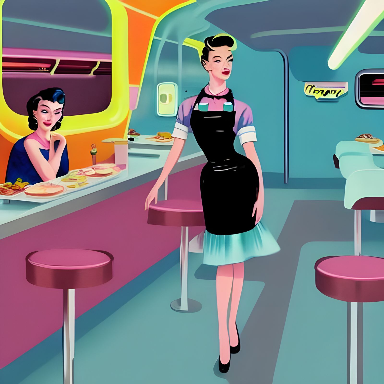 Atompunk Cyborg Waitress in Futuristic 1950s Diner