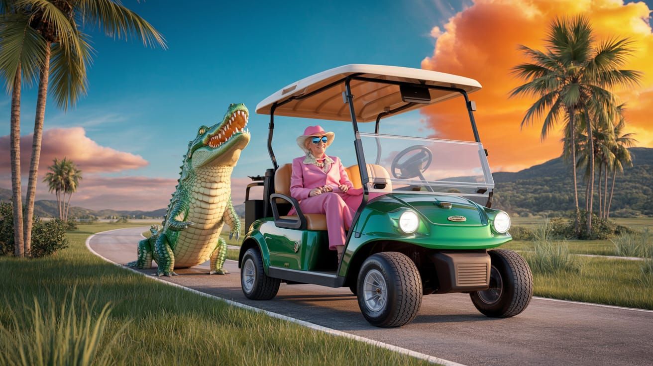 Surreal Golf Cart Chase in Photorealistic Style