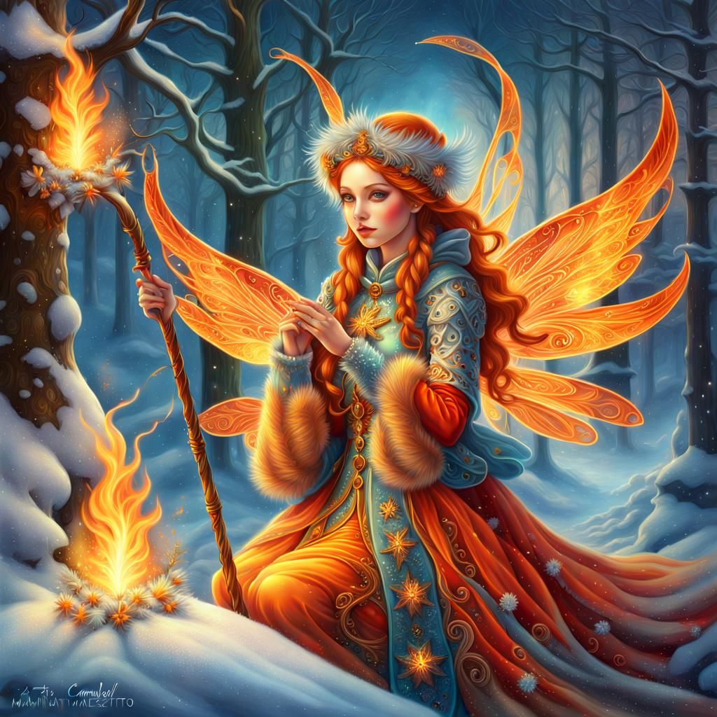 Beautiful Winter Fire Fairy Concept Art