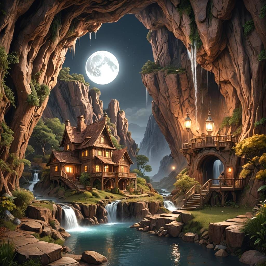 Fantasy Brown Hills House Moon Waterfall Art