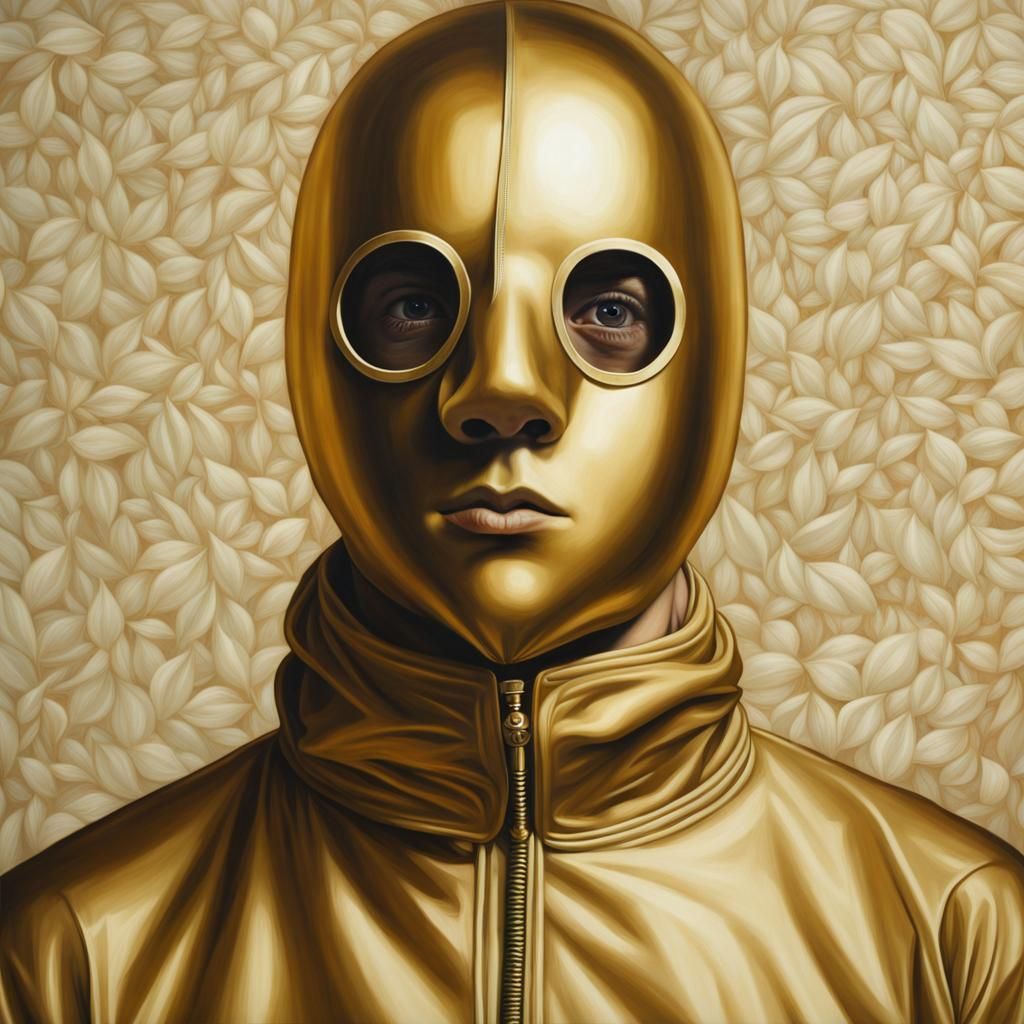 Golden Masked Figure in Hyperrealistic Oil Painting