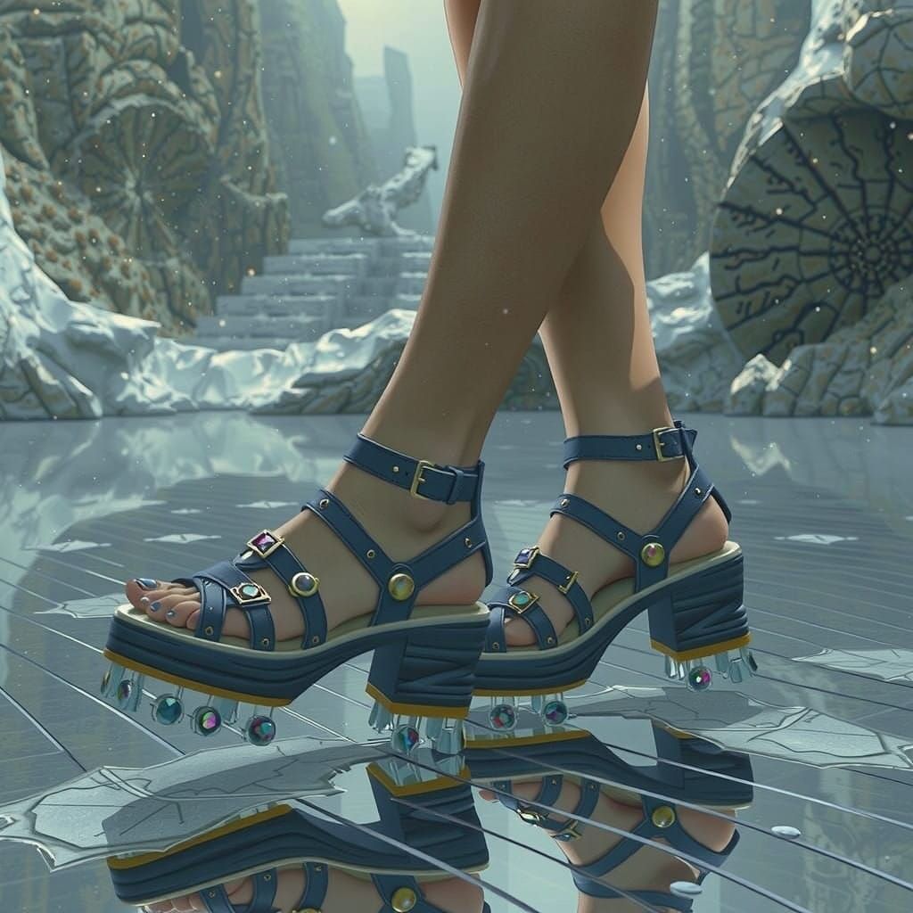 Mystical Woman's Feet in Grey Platform Sandal Clogging Shoes