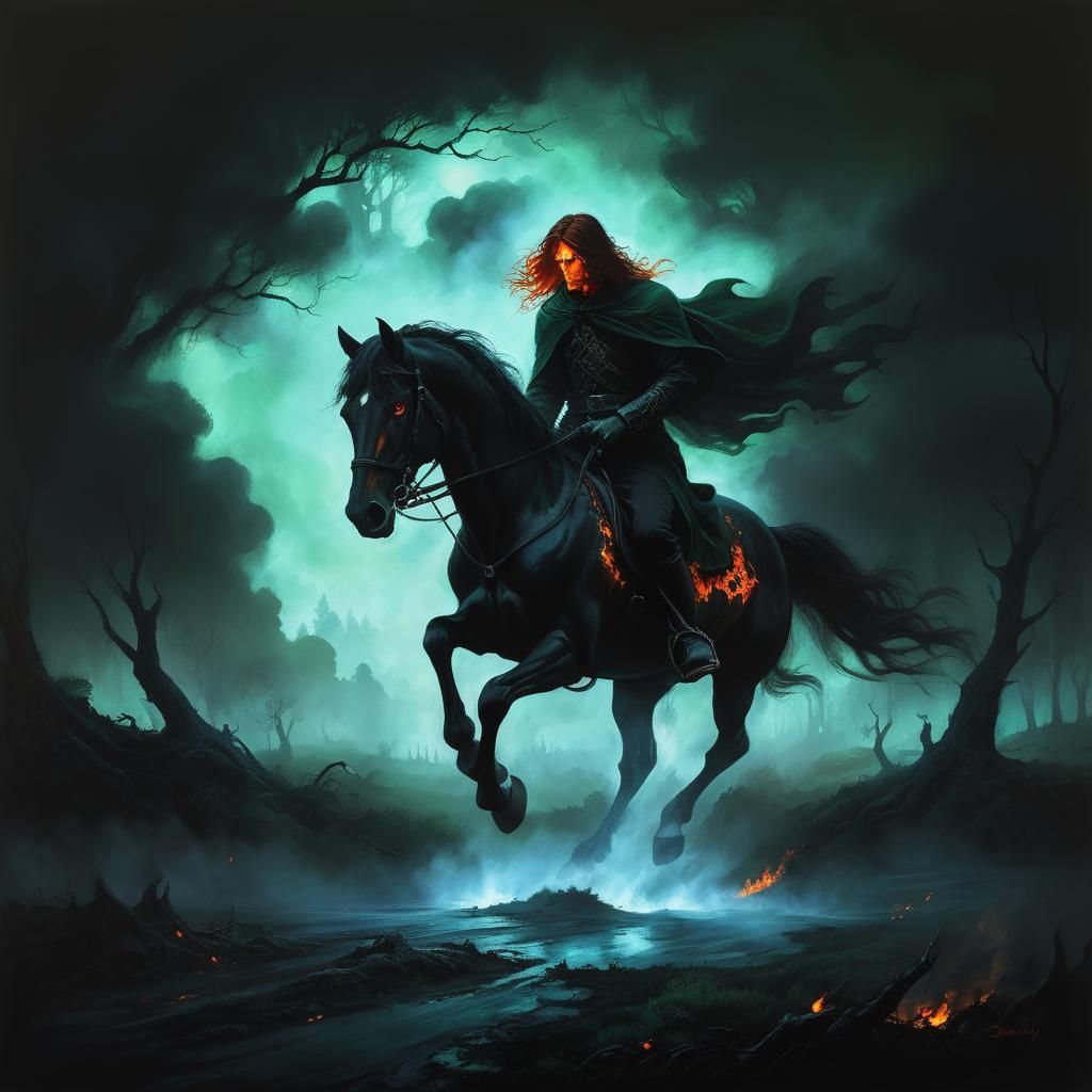 Eerie Horseman in Misty Landscape: Vintage Oil Painting