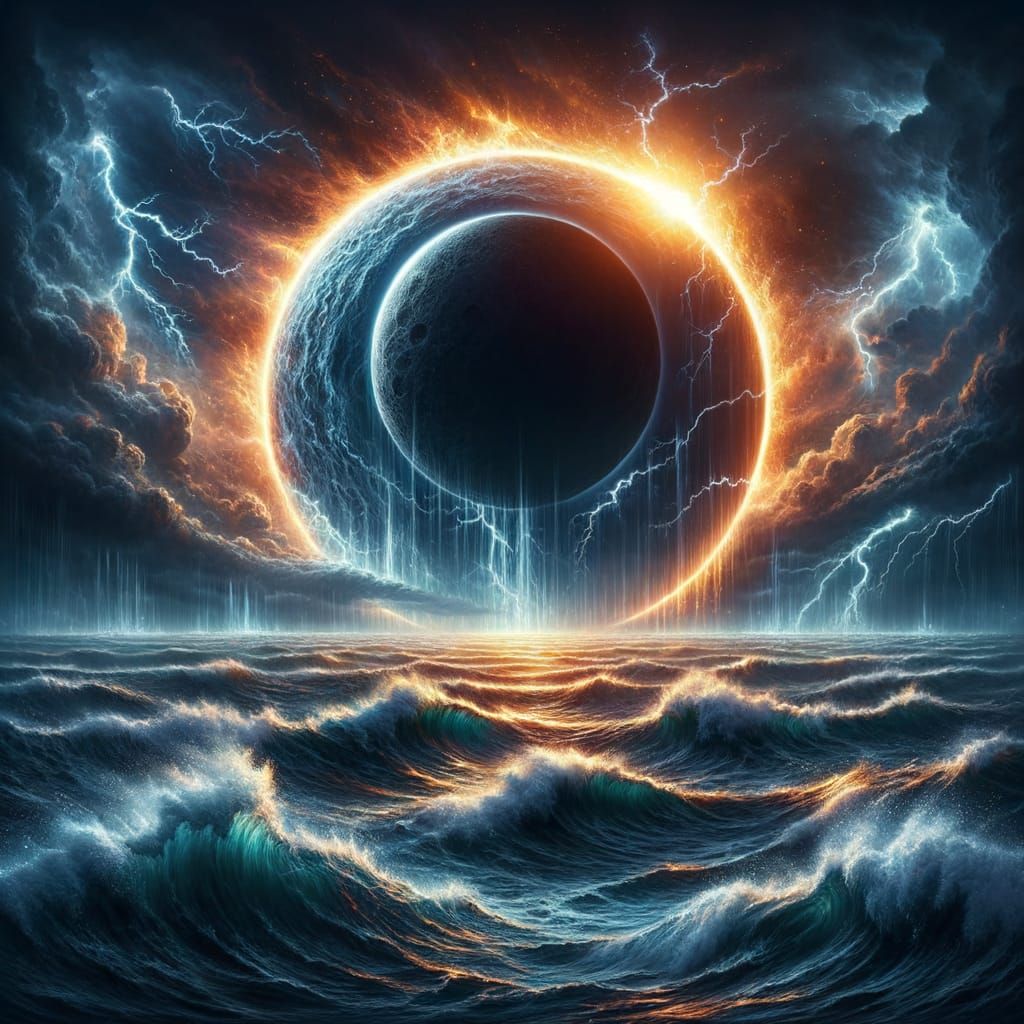 Ethereal Ocean Scene during Celestial Eclipse with Thunderst...
