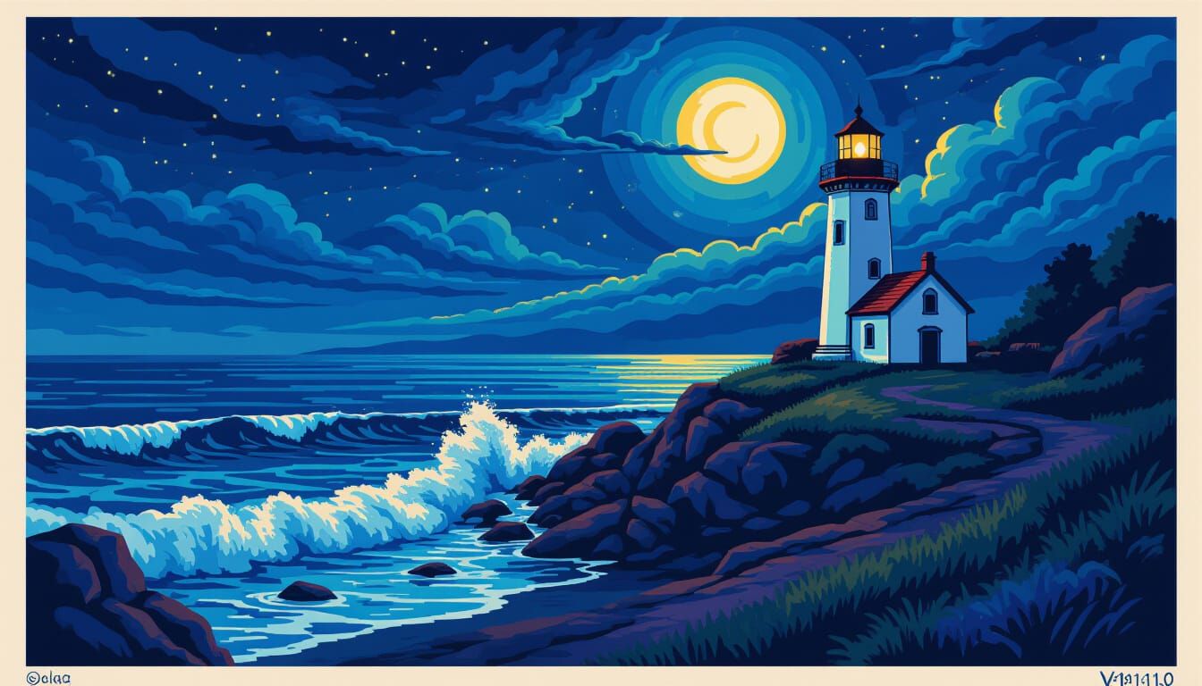 Night Seascape Lighthouse in Graphic Novel Style