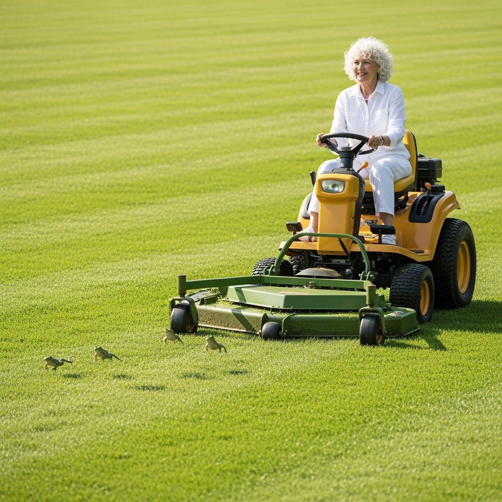 Woman Mows Large Field as Frogs Leap Away