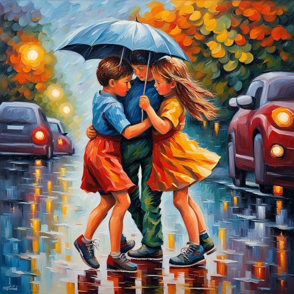 Children Dancing in Rain, Expressionist Oil Painting