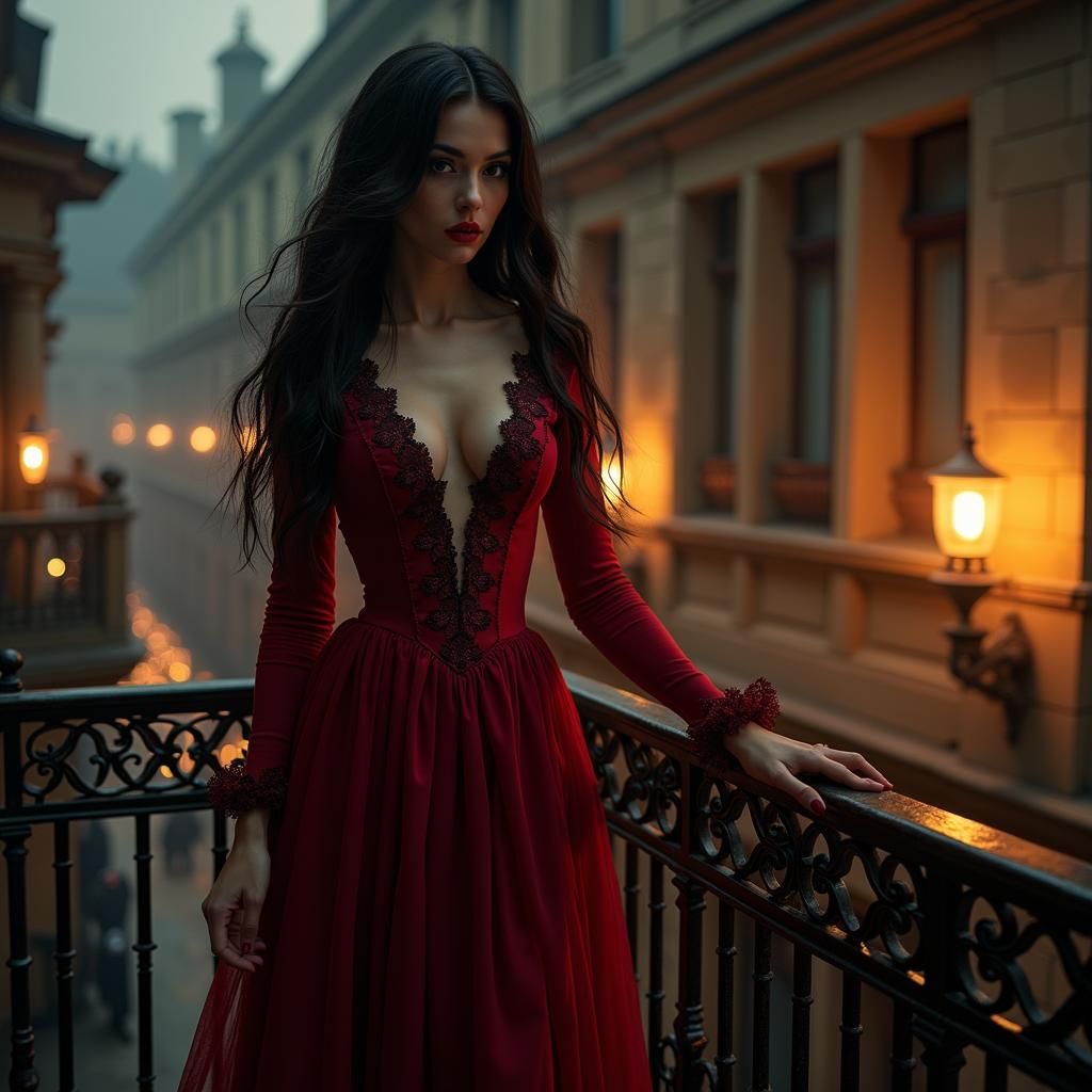 Gorgeous Witch on Balcony with Magic, Vintage Style
