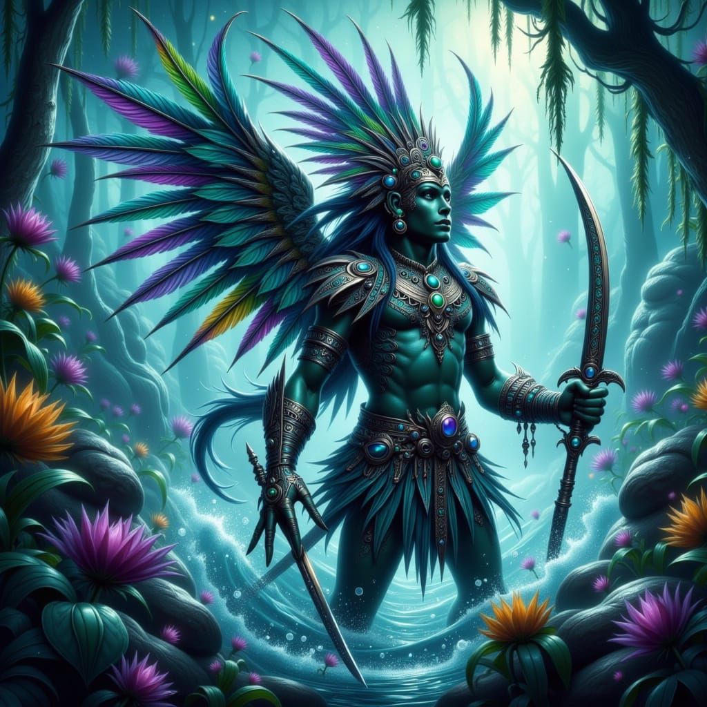 Aztec Warrior Goddess Emerges from Oceanic Mist