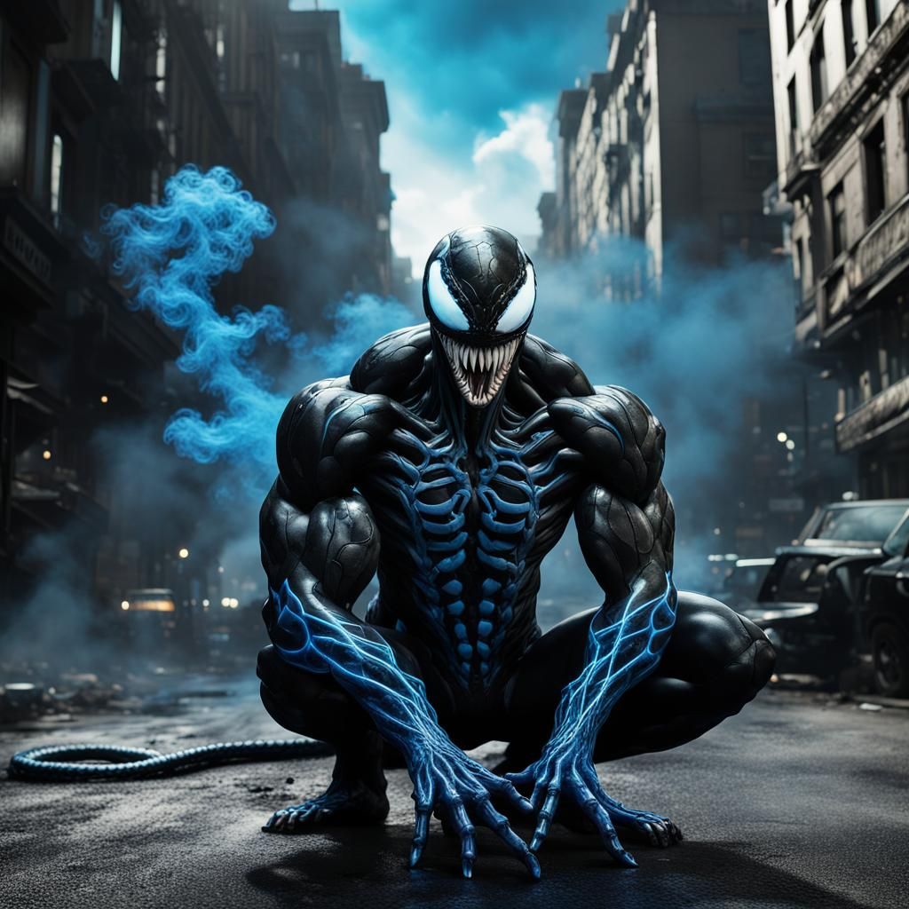 Venom Posing in City Street, Electric Blue Highlight