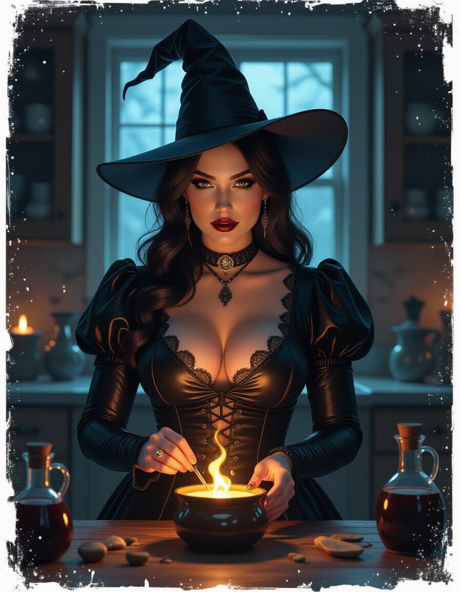 Gothic Witch Preparing Potion in Dimly Lit Kitchen