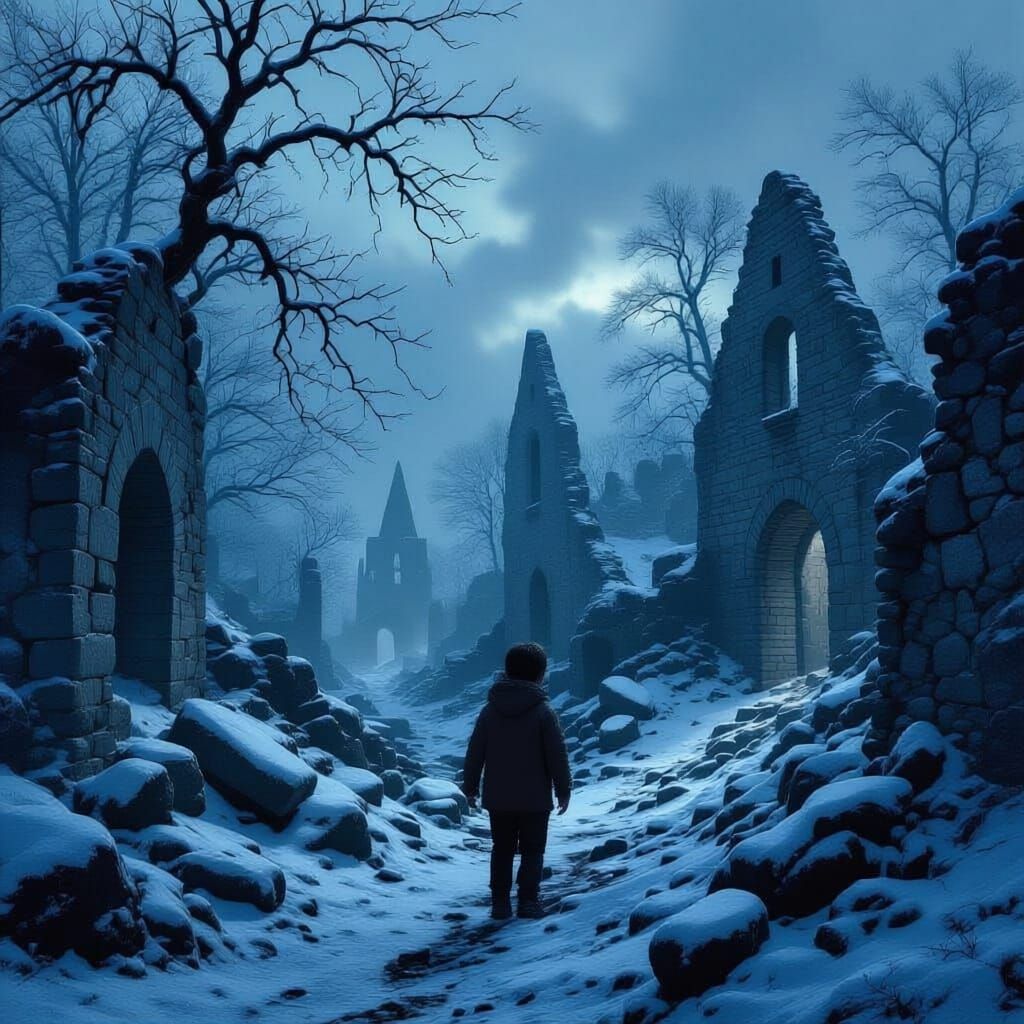 Lost Child in Dark Snowy Forest Town