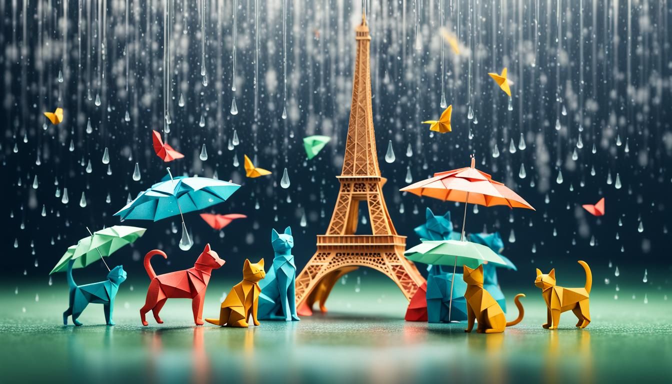 Eiffel Tower in Rainy, Magical, Origami Style