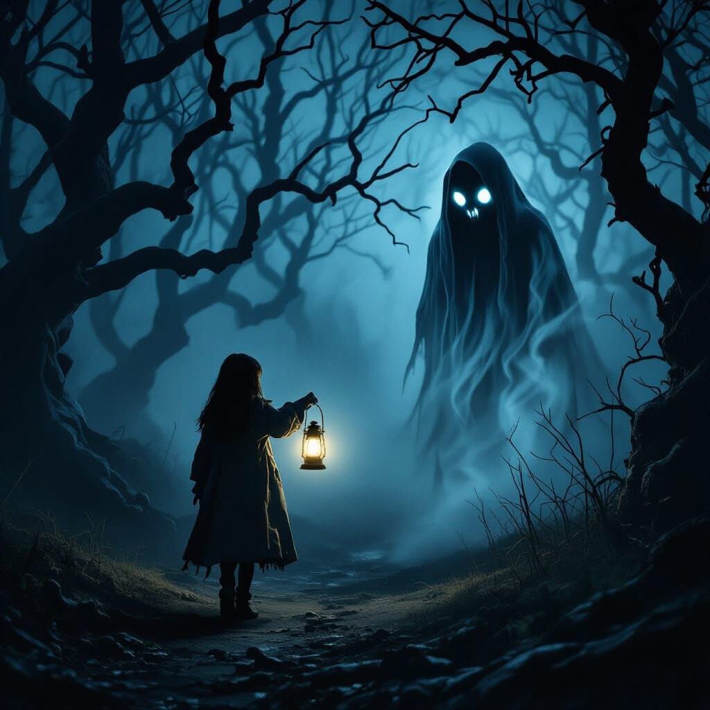 Girl with Lantern in Foggy Forest, Horror Style