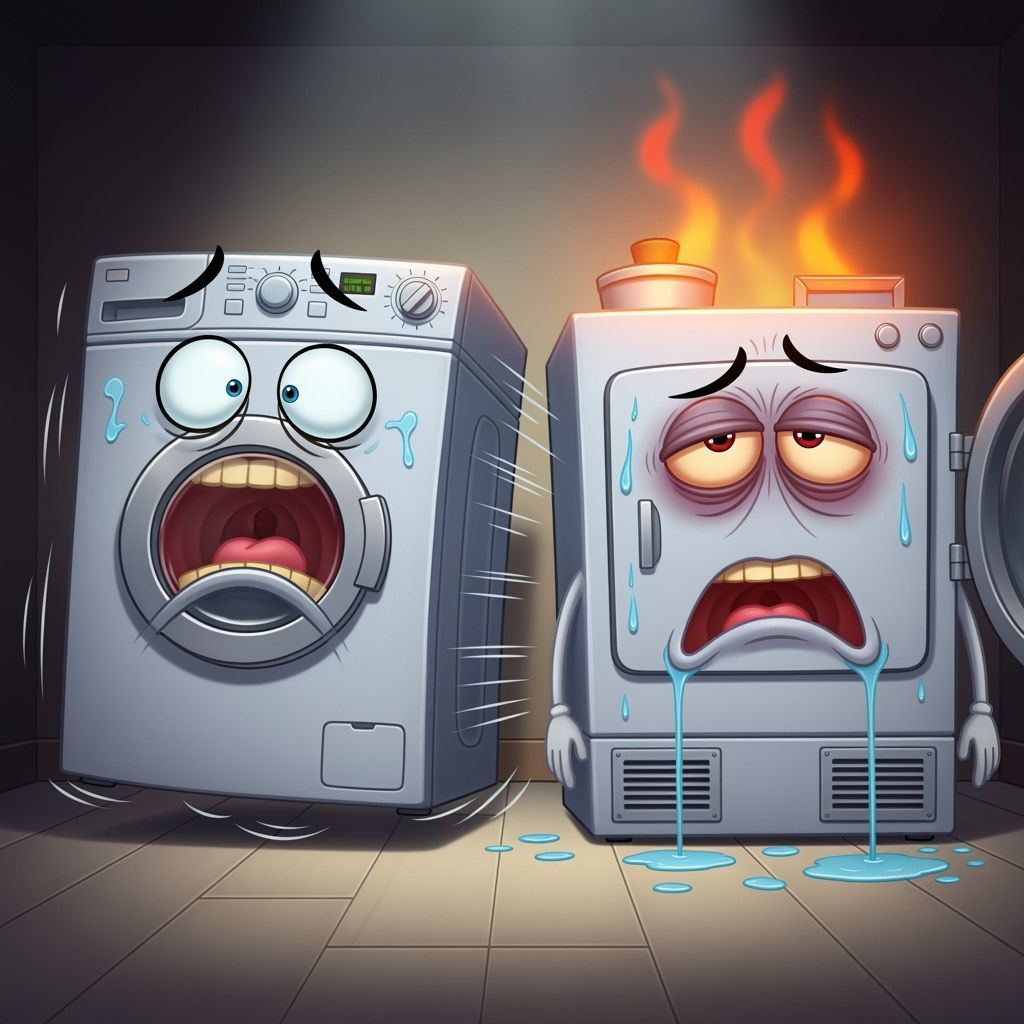 Animated Laundry Room Chaos: Overheating Dryer & Wild Washer