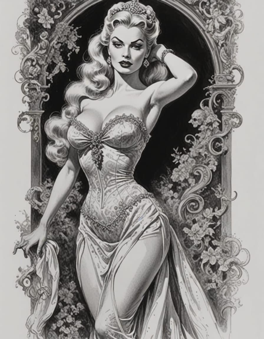 Elegant Hourglass Figure in Black and White Line Art