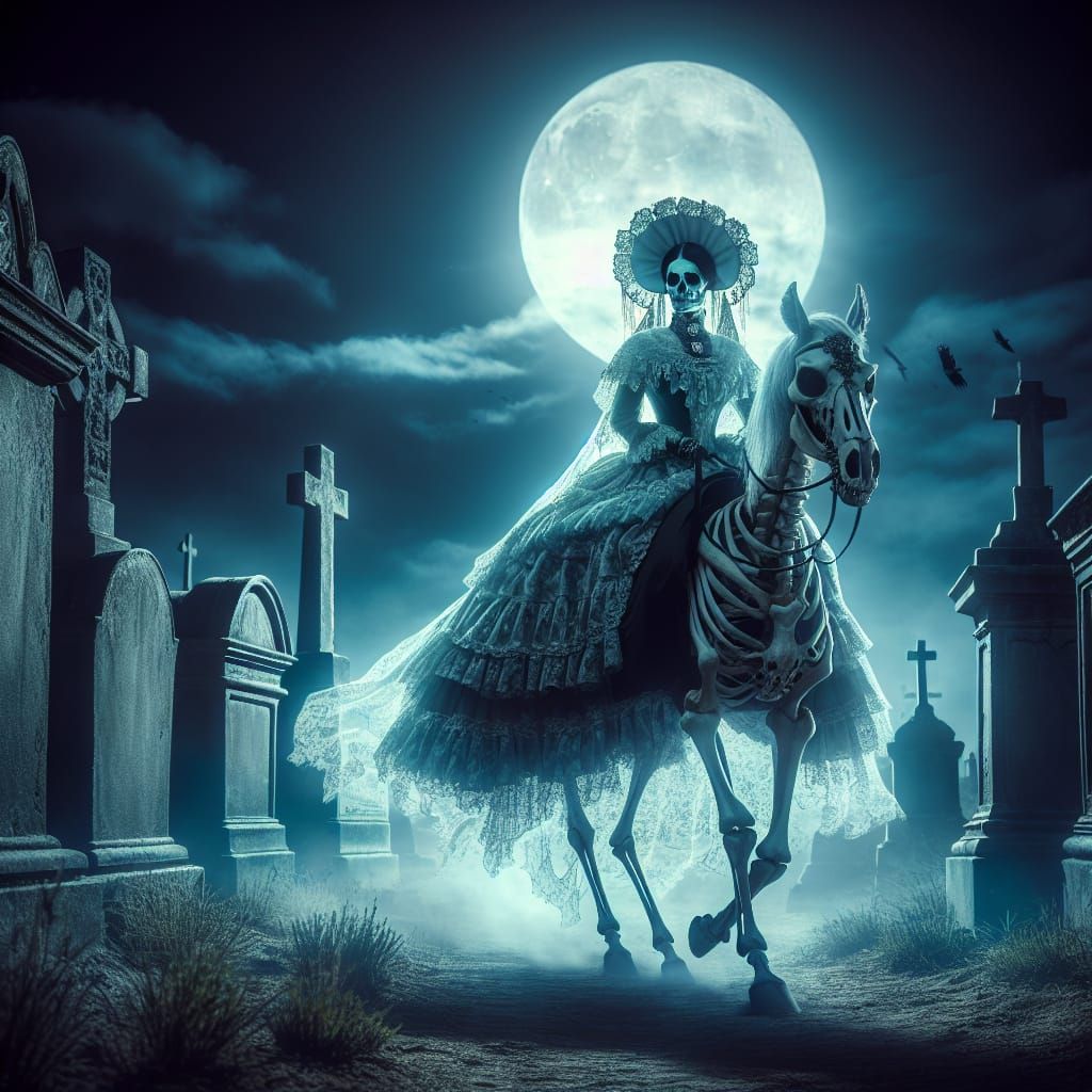 Ethereal Victorian Specter Rides Skeletal Steed under Moonli...
