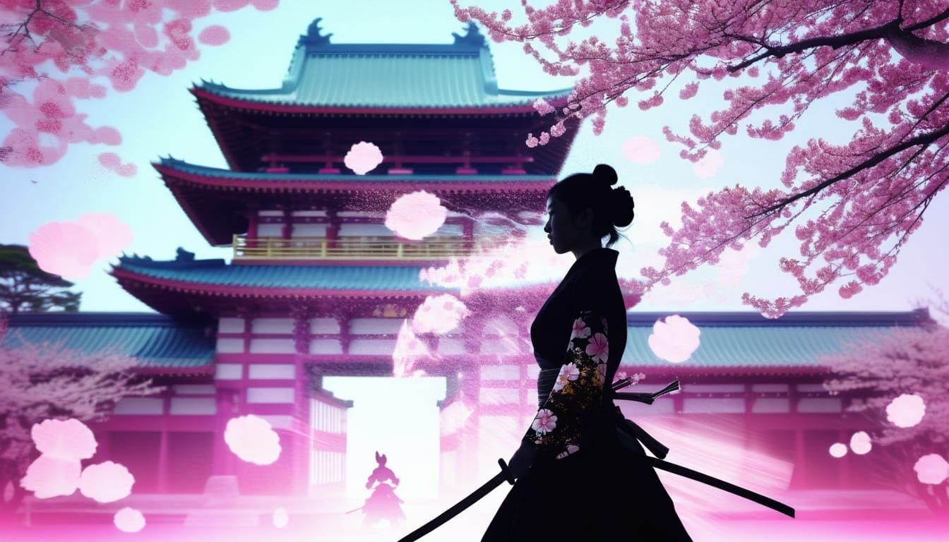 Surreal Blossom Silhouette in Japanese Palace