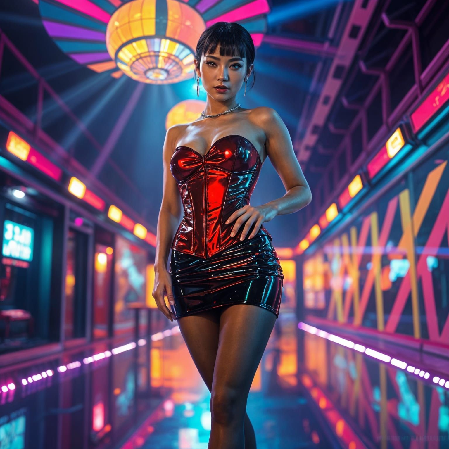 Elegant Japanese Woman in Vibrant Futuristic Nightclub