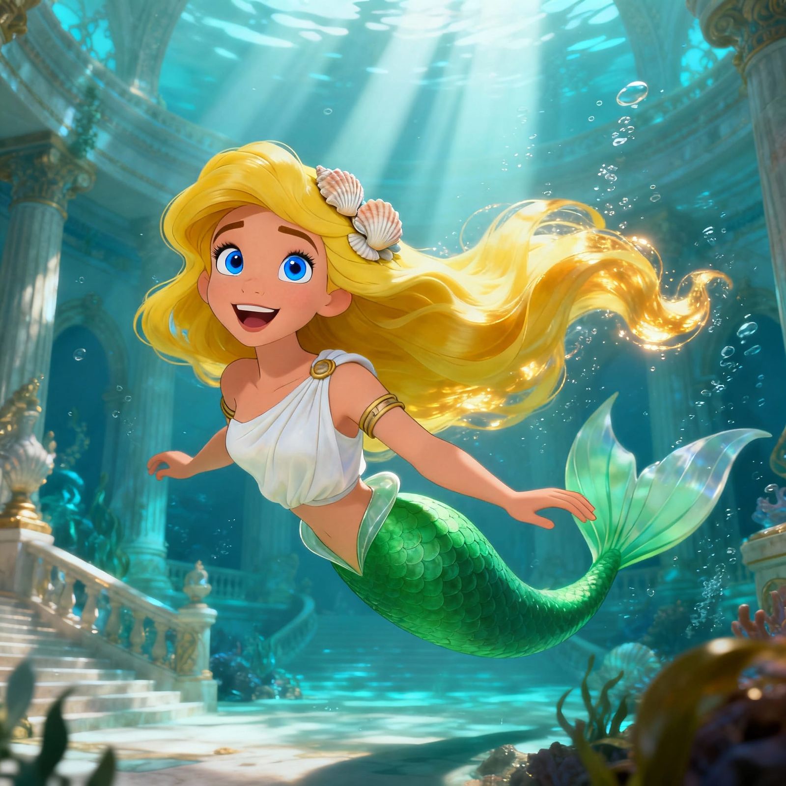 Joyful Mermaid Thetis Swims in Grand Undersea Palace in Disn...