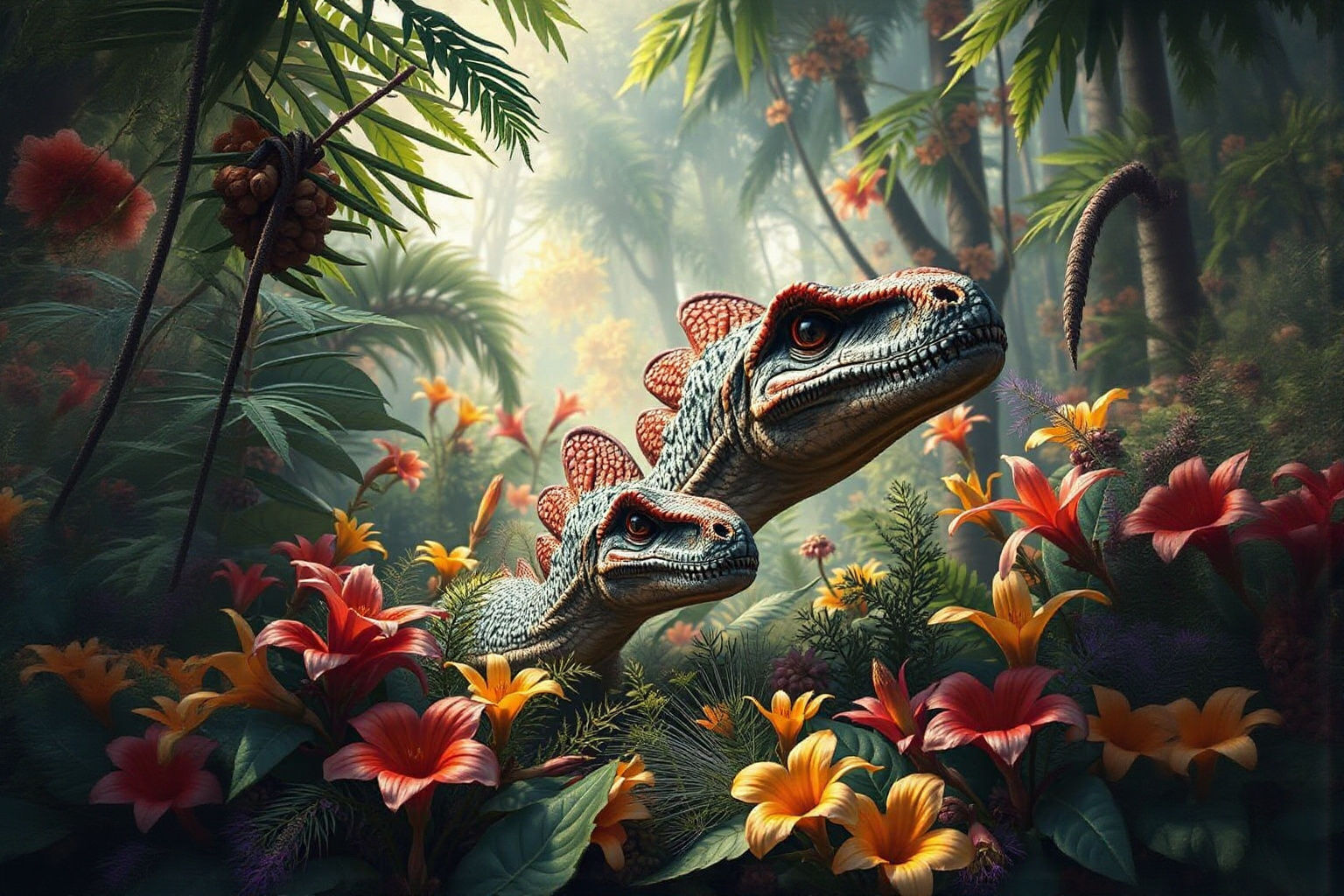 Hyperrealistic Dinosaurs in a Prehistoric Forest