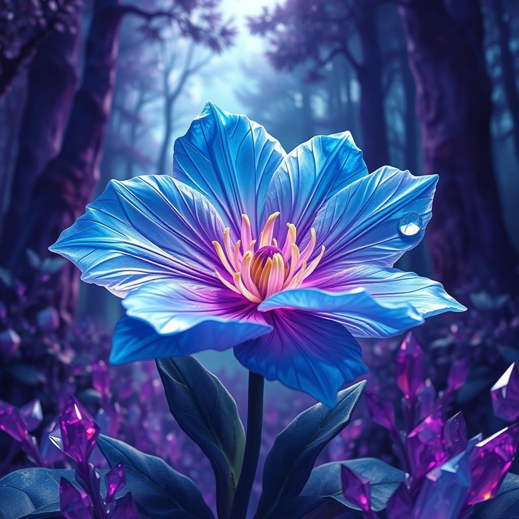 Mystical Crystal Forest with Vibrant Blue Flower