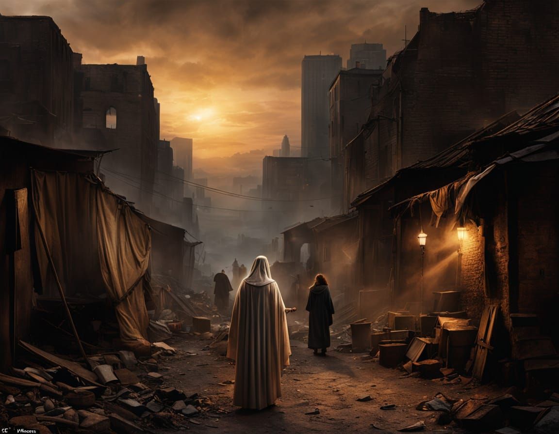 Jesus Walks with a Woman in a Spooky City Slum
