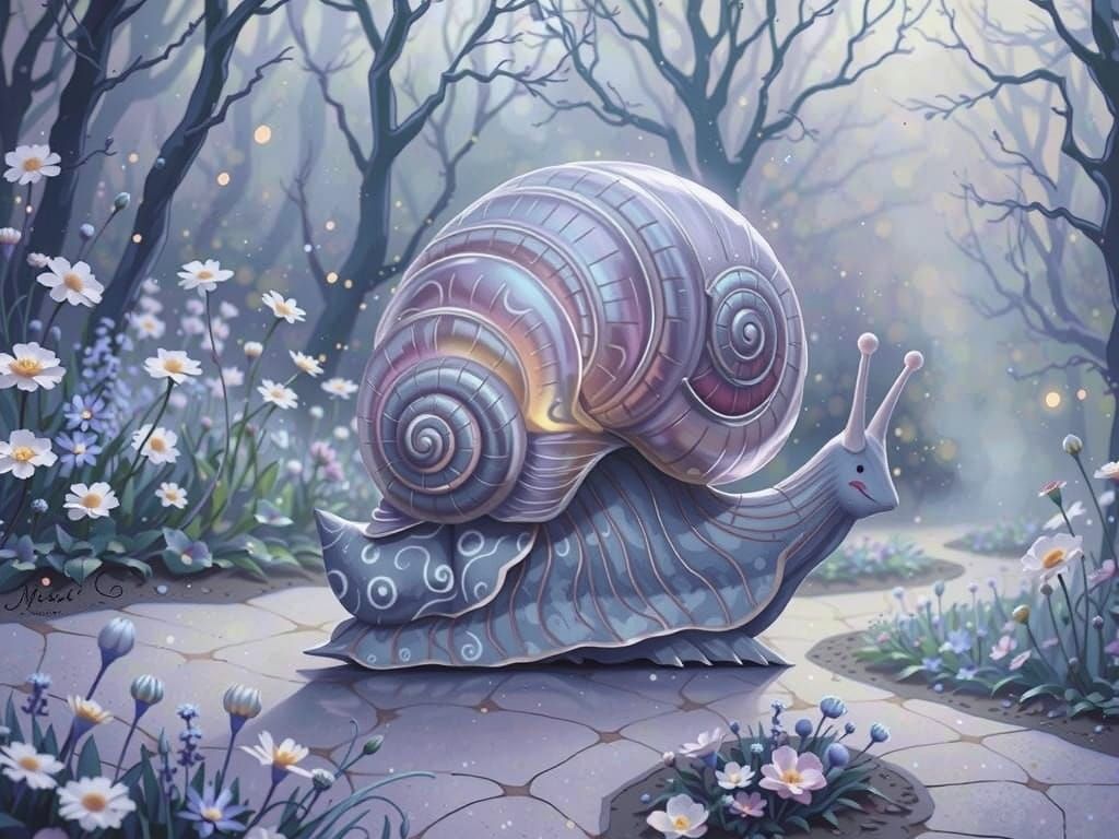 Whimsical Lilac Snail in Vibrant Floral Wonderland