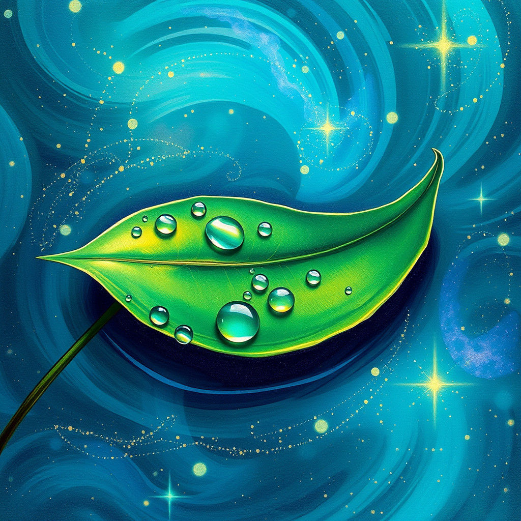 Emerald Leaf with Dancing Water Droplets