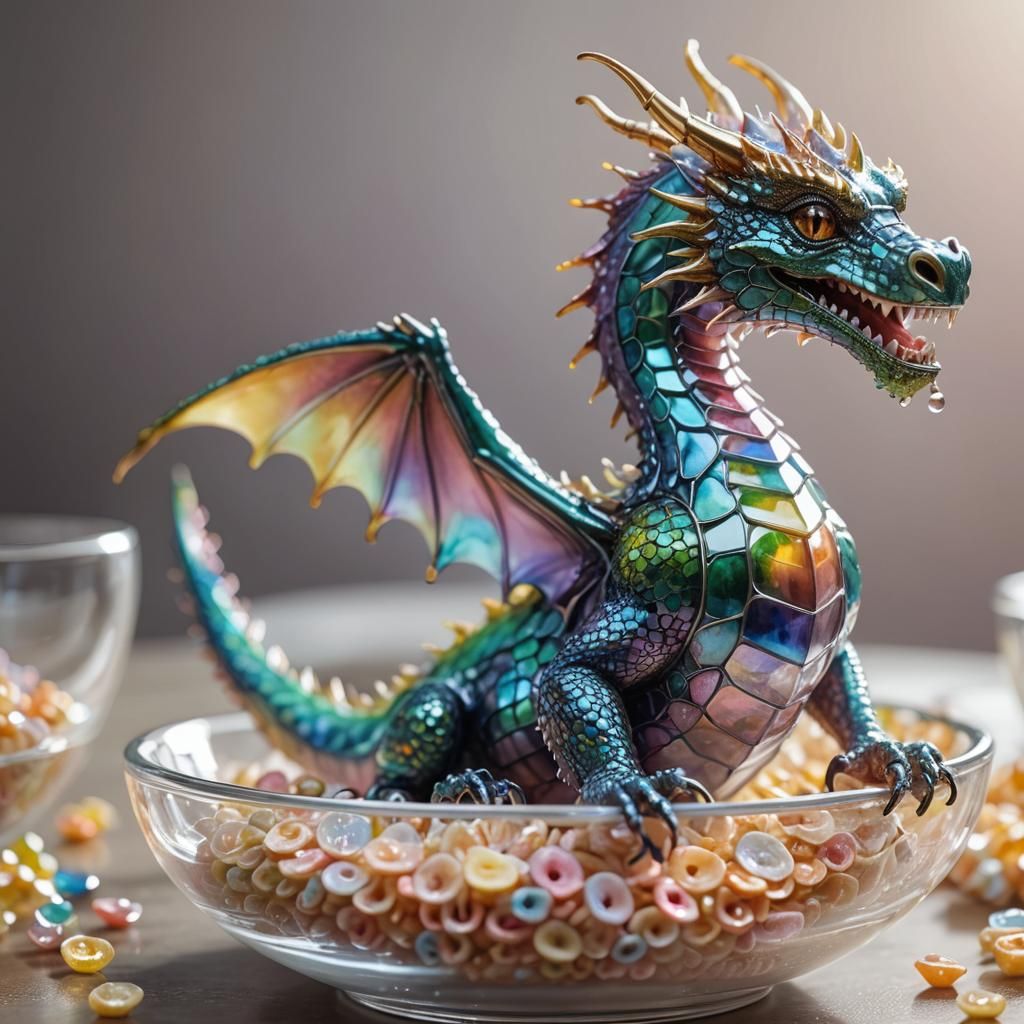 Iridescent Glass Dragon Breakfast: Macro Photorealistic Art