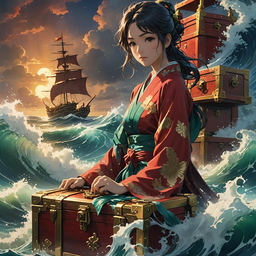Anime Mermaid in Kimono on Treasure Chest