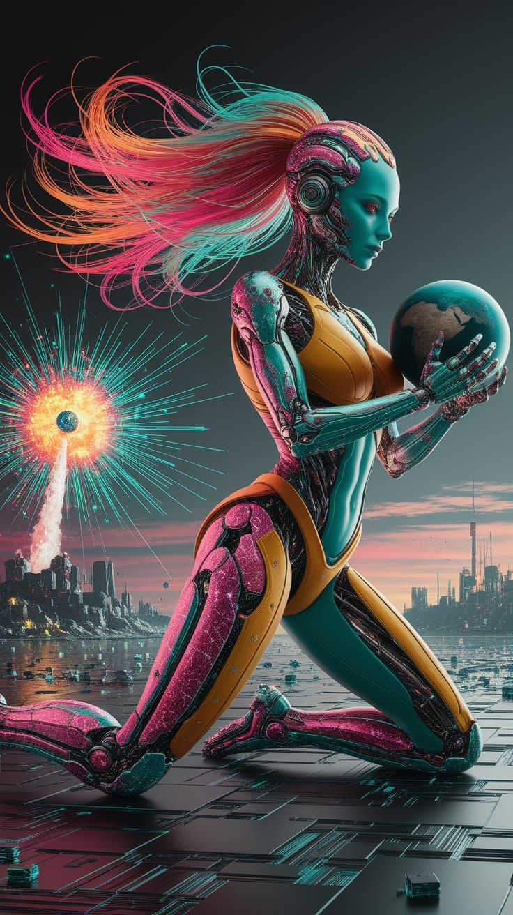 Alien Cyborg in Futuristic Battlefield, Digital Art