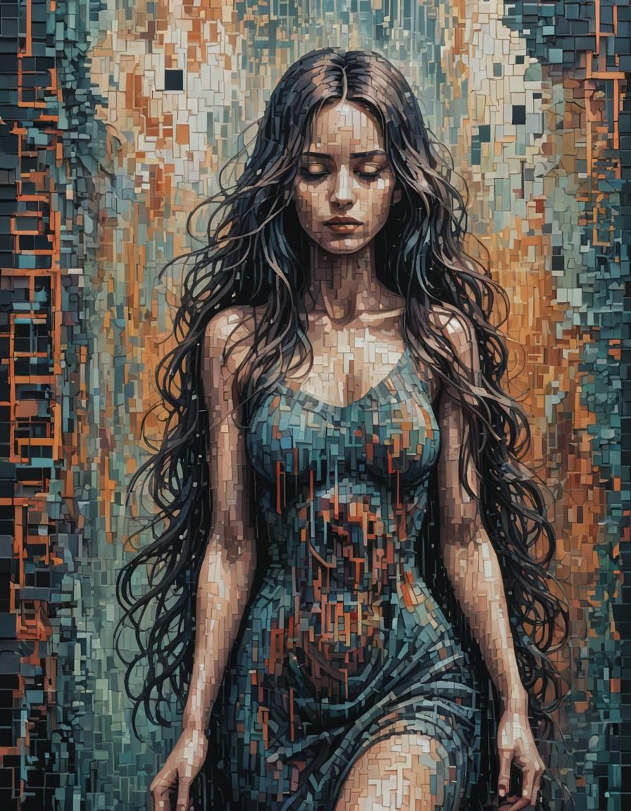 Melancholic Woman Dissolving: Pixel Art with Byzantine Influ...