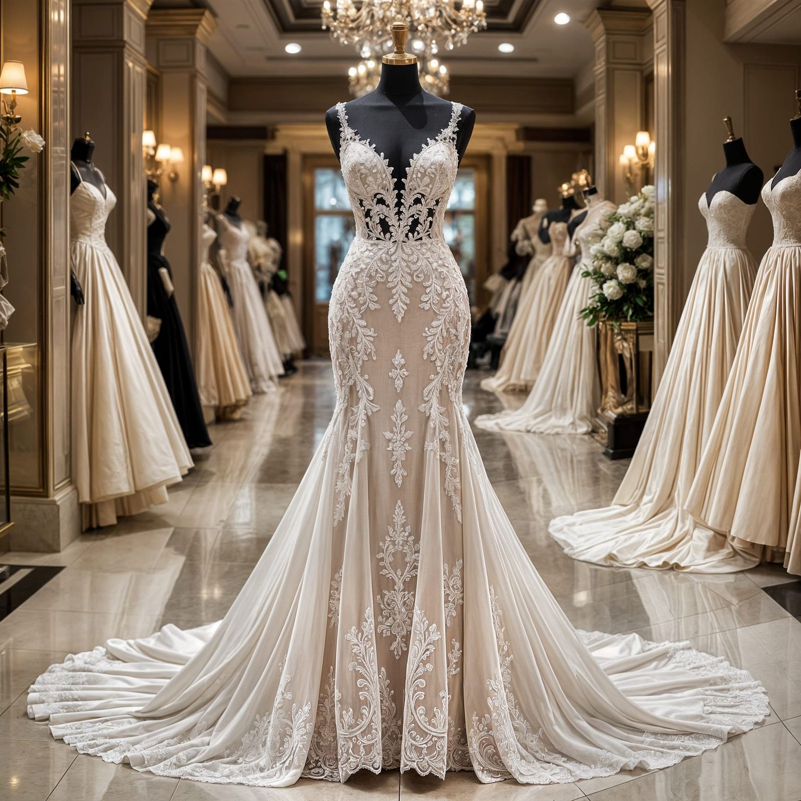 Elegant Wedding Dress with Train on Mannequin