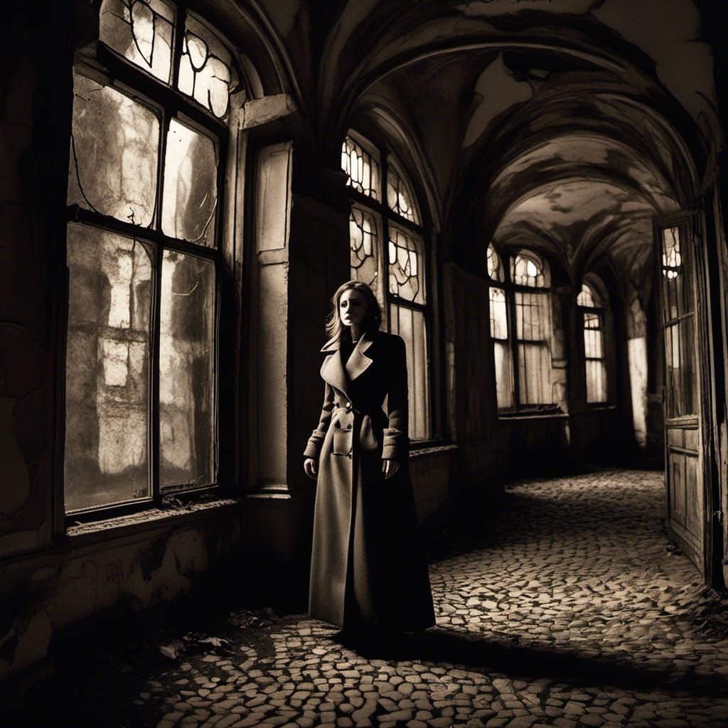 Femme Fatale in Abandoned Hospital, Film Noir Style